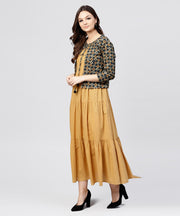 Mustard Cotton Tiered Maxi dress with Full Sleeves short jacket emblished with Tassel