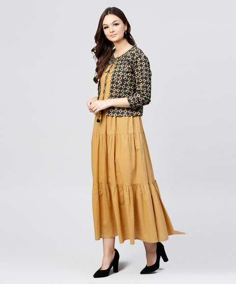 Mustard Cotton Tiered Maxi dress with Full Sleeves short jacket emblished with Tassel