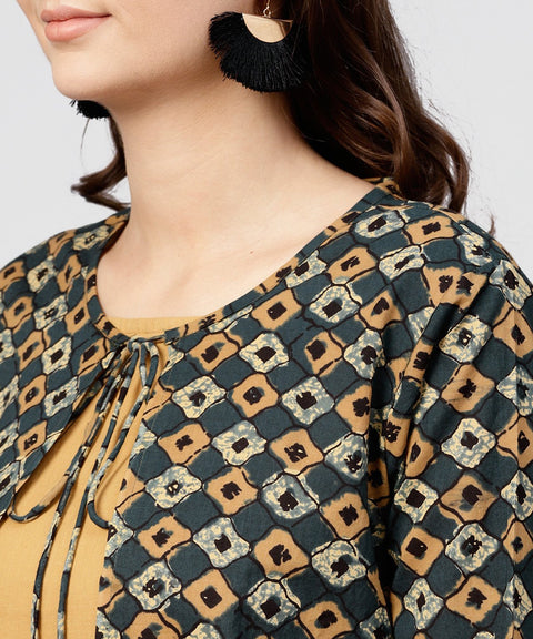 Mustard Cotton Tiered Maxi dress with Full Sleeves short jacket emblished with Tassel