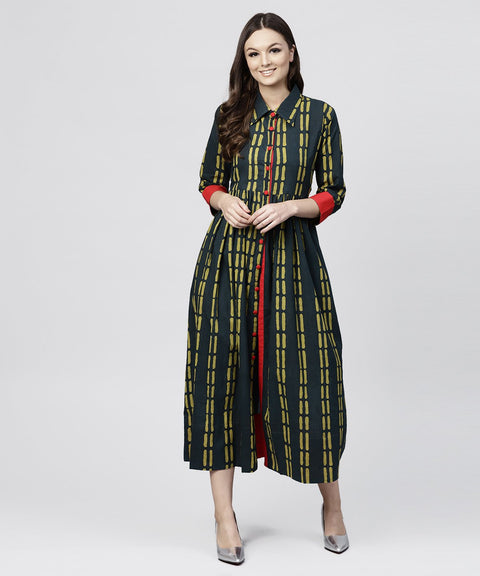 Blue cotton Printed 3/4 sleeves Kurta with shirt Collar and front Placket