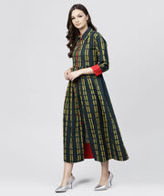 Blue cotton Printed 3/4 sleeves Kurta with shirt Collar and front Placket