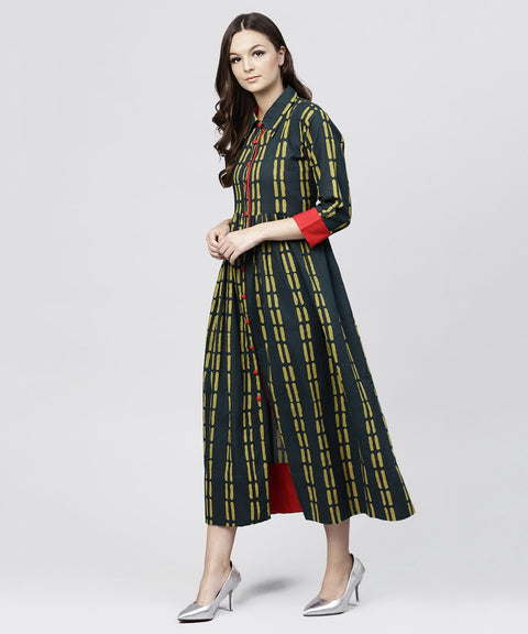 Blue cotton Printed 3/4 sleeves Kurta with shirt Collar and front Placket