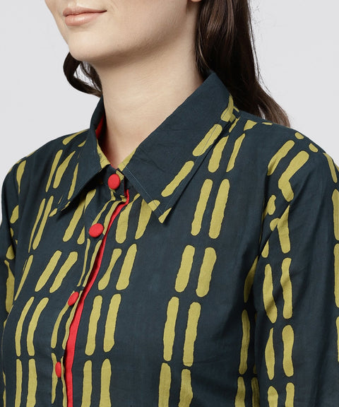 Blue cotton Printed 3/4 sleeves Kurta with shirt Collar and front Placket