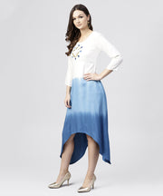 White Rayon Asymmetric Maxi Dress dyed Blue with 3/4 sleeves