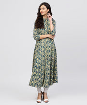 Green Printed Panelled cut A-line Kurta with Madarin Collar and front Placket