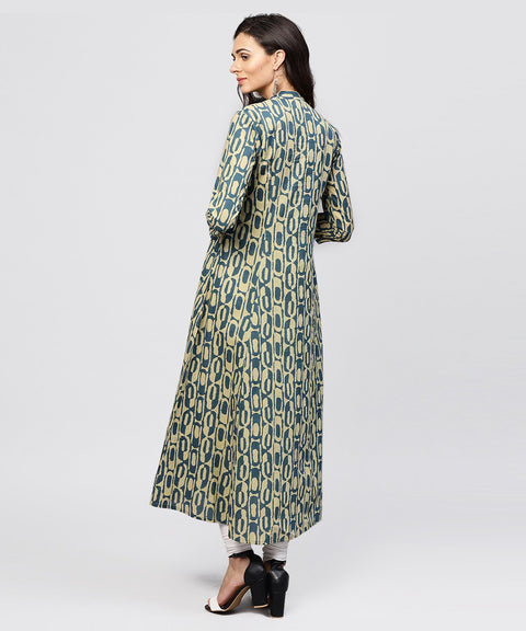Green Printed Panelled cut A-line Kurta with Madarin Collar and front Placket