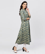 Green Printed Panelled cut A-line Kurta with Madarin Collar and front Placket