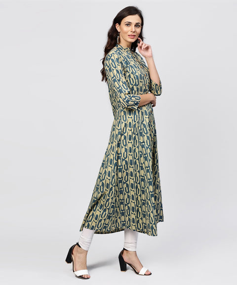 Green Printed Panelled cut A-line Kurta with Madarin Collar and front Placket