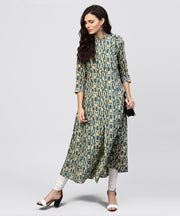Green Printed Panelled cut A-line Kurta with Madarin Collar and front Placket