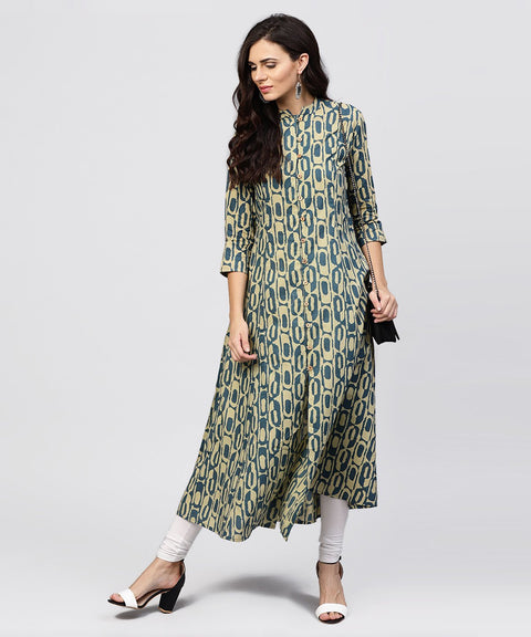 Green Printed Panelled cut A-line Kurta with Madarin Collar and front Placket