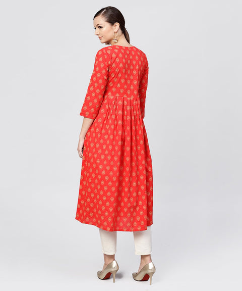 Red cotton printed A-line with box pleated  kurta with front Placket and 3/4 sleeves