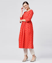 Red cotton printed A-line with box pleated  kurta with front Placket and 3/4 sleeves