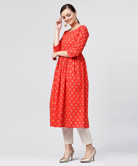 Red cotton printed A-line with box pleated  kurta with front Placket and 3/4 sleeves