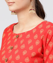 Red cotton printed A-line with box pleated  kurta with front Placket and 3/4 sleeves