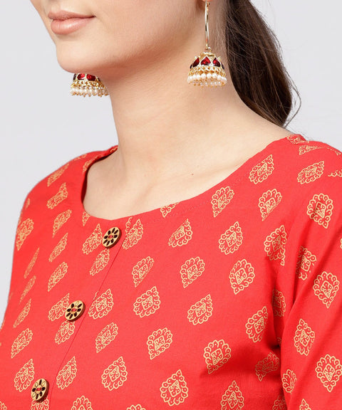 Red cotton printed A-line with box pleated  kurta with front Placket and 3/4 sleeves