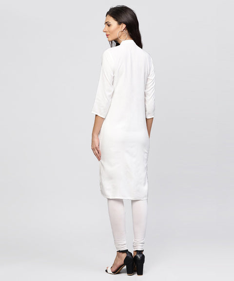 Embroidered Off white Rayon kurta with Madarin Collar