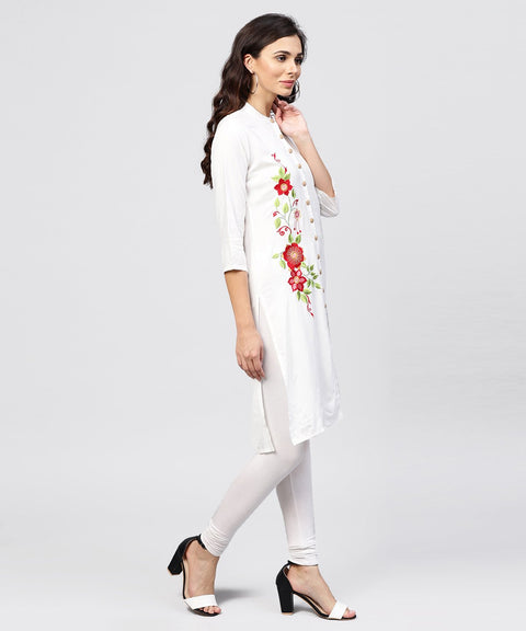 Embroidered Off white Rayon kurta with Madarin Collar