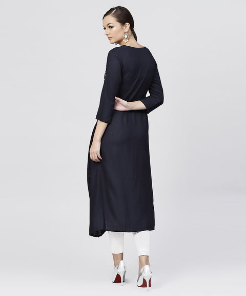 Rayon Navy Blue cowl draped kurta with 3/4 sleeves