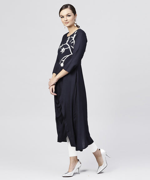 Rayon Navy Blue cowl draped kurta with 3/4 sleeves