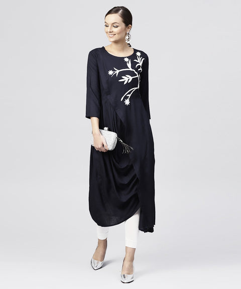 Rayon Navy Blue cowl draped kurta with 3/4 sleeves