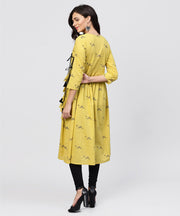 Cotton Mustard Pleated angrakha with v-neck and emblished with tassel