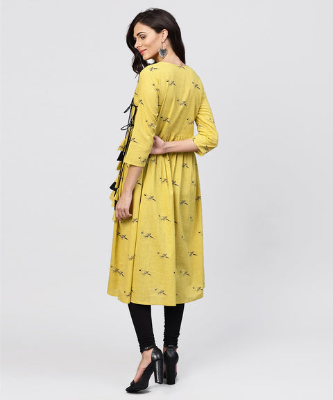 Cotton Mustard Pleated angrakha with v-neck and emblished with tassel