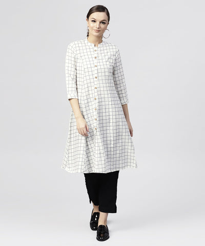 white checked Printed panelled cut A-line kurta with Madarin collar and Front placket