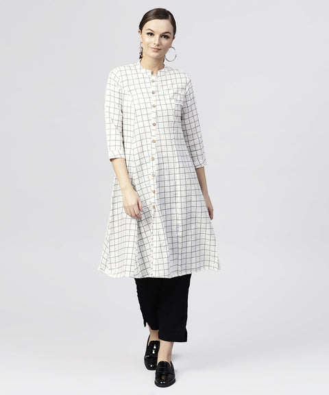 white checked Printed panelled cut A-line kurta with Madarin collar and Front placket