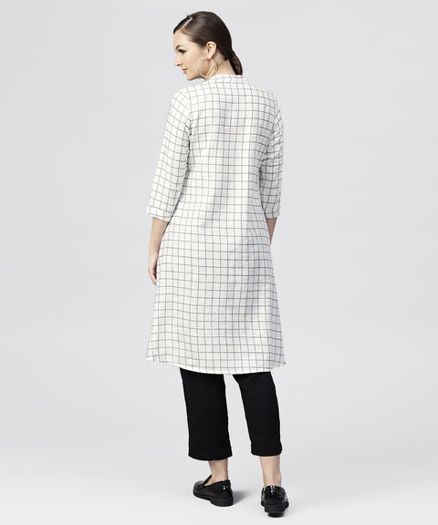 white checked Printed panelled cut A-line kurta with Madarin collar and Front placket