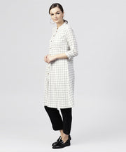 white checked Printed panelled cut A-line kurta with Madarin collar and Front placket