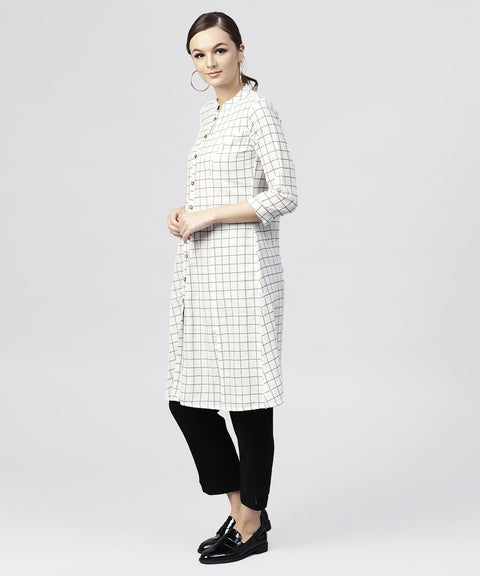 white checked Printed panelled cut A-line kurta with Madarin collar and Front placket
