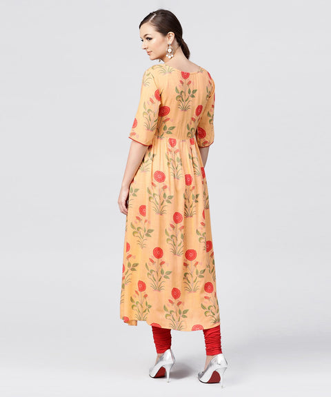 Peach Rayon calf Length Kurta with Round neck front placket