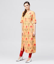 Peach Rayon calf Length Kurta with Round neck front placket