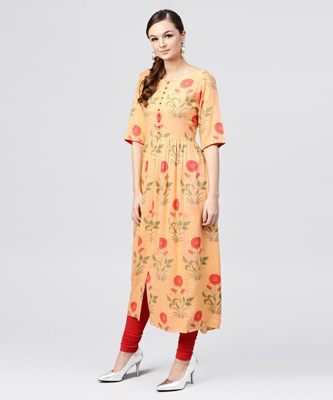 Peach Rayon calf Length Kurta with Round neck front placket