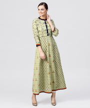 Pastel Green Printed Panelled khadi Kurta with Madarin Collar and front Placket