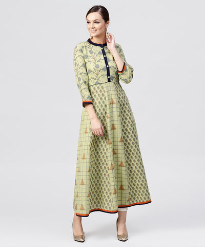 Pastel Green Printed Panelled khadi Kurta with Madarin Collar and front Placket