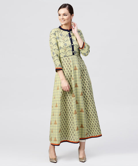 Pastel Green Printed Panelled khadi Kurta with Madarin Collar and front Placket