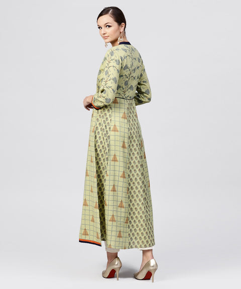 Pastel Green Printed Panelled khadi Kurta with Madarin Collar and front Placket