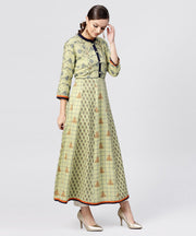 Pastel Green Printed Panelled khadi Kurta with Madarin Collar and front Placket