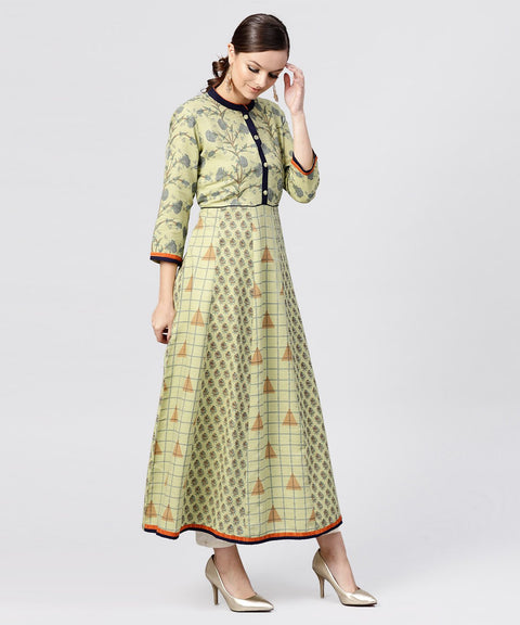Pastel Green Printed Panelled khadi Kurta with Madarin Collar and front Placket