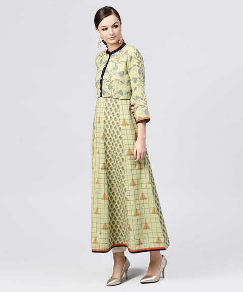 Pastel Green Printed Panelled khadi Kurta with Madarin Collar and front Placket