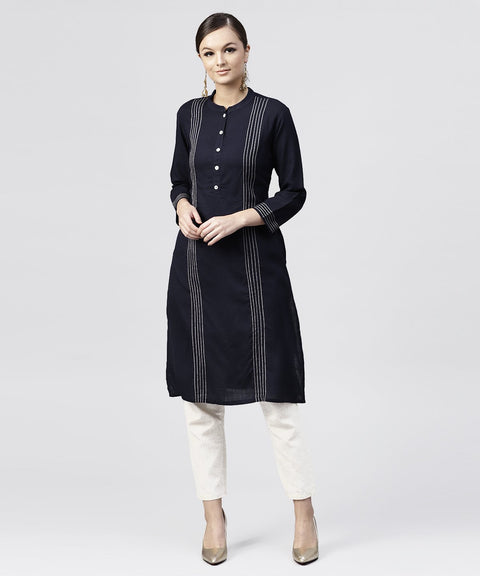 Navy blue Round neck kurta with 3/4 sleeves and front Placket