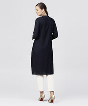 Navy blue Round neck kurta with 3/4 sleeves and front Placket