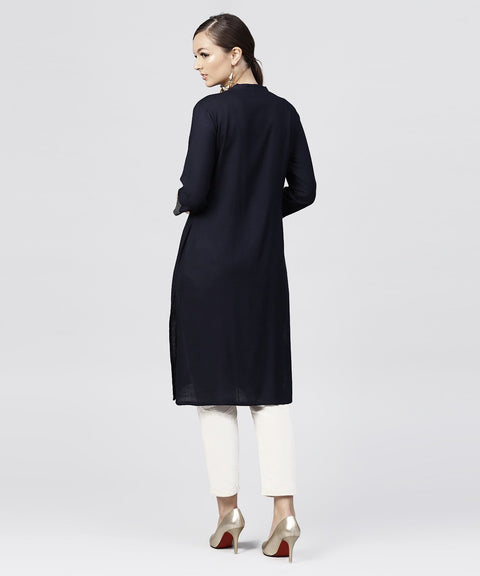 Navy blue Round neck kurta with 3/4 sleeves and front Placket