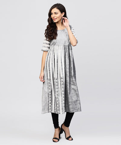 Grey and White stripes handloom Calf length Kurta with Round neck and Half sleeves