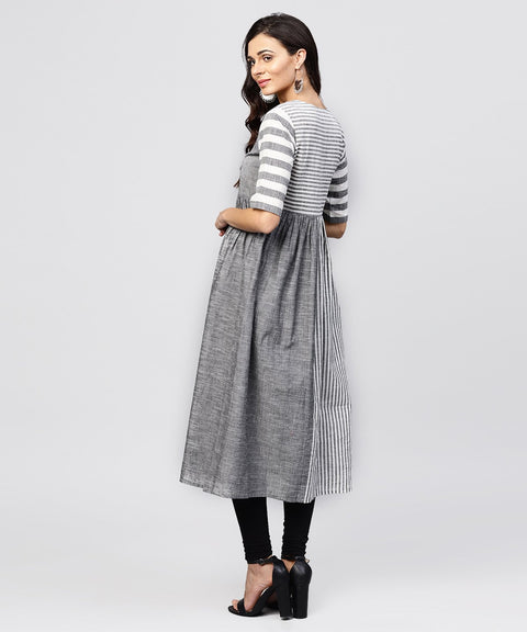 Grey and White stripes handloom Calf length Kurta with Round neck and Half sleeves