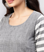 Grey and White stripes handloom Calf length Kurta with Round neck and Half sleeves