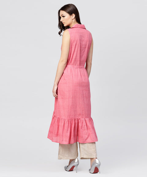 Pink cotton tiered dress with Shirt collar and front packet