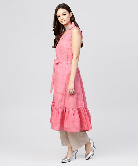 Pink cotton tiered dress with Shirt collar and front packet