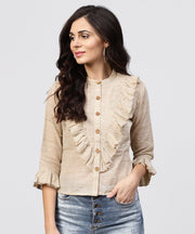 Ruffled yoke with open center placket top with pleated sleeves and Madarin collar